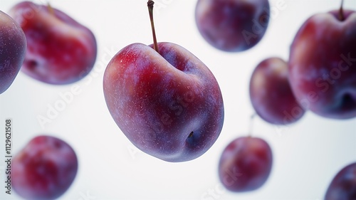 Ultra-realistic close-up of whole plums with purple and red skin floating in mid-air on white isolated background
 photo