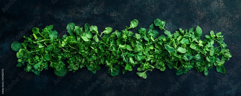 Fresh green herbs and leafy greens arranged on a dark surface. Arugula basil, kale, mint, spinach leaves top view Fresh green herbs and leafy greens arranged on a dark surface. Arugula basil, kale, mint, spinach leaves top view