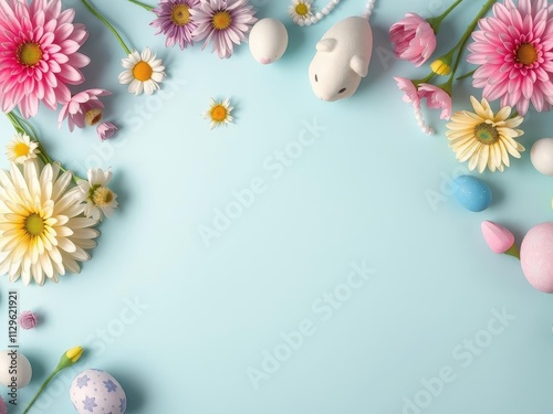 Easter eggs, flowers and bunny figurine on grey concrete background, spring, pastel, composition