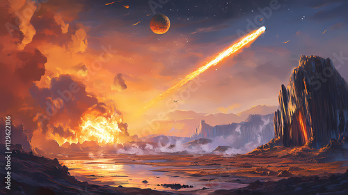 Dinosaur extinction event. Meteor. Illustration