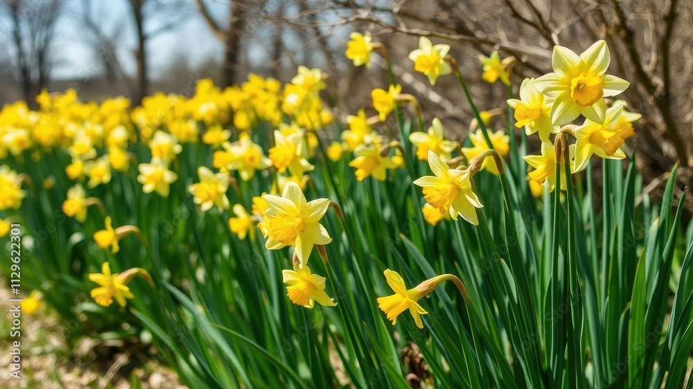 Field of vibrant yellow daffodil flowers under the sunny sky, blossom, natural, spring Field of vibrant yellow daffodil flowers under the sunny sky, blossom, natural, spring