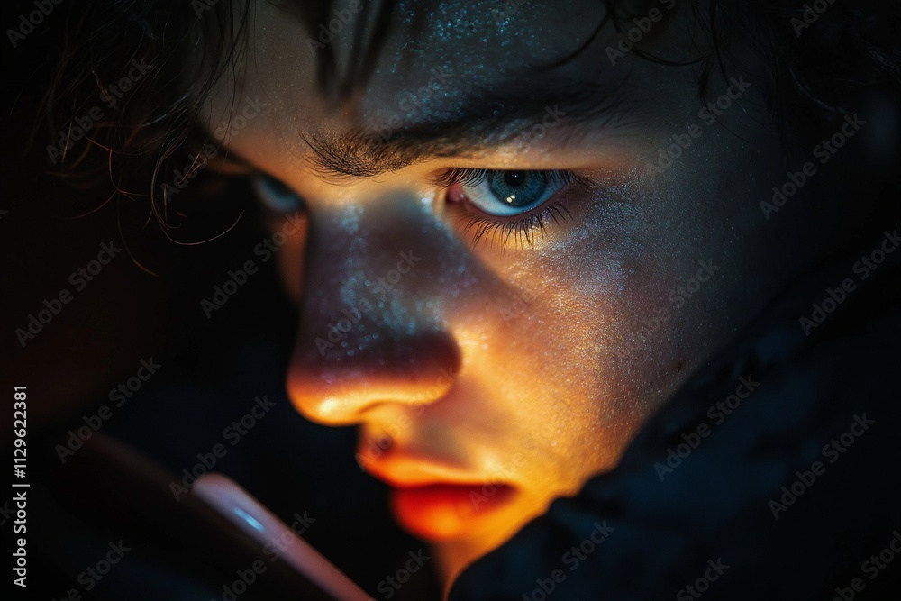 Intense Focus: A Close-up Portrait of a Young Man's Face, Illuminated by a Glowing Light Source, Evoking a Sense of Mystery and Determination. Intense Focus: A Close-up Portrait of a Young Man's Face, Illuminated by a Glowing Light Source, Evoking a Sense of Mystery and Determination.