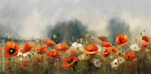 Poppies in the field, oil paintings rural landscape, flowers, artwork, fine art