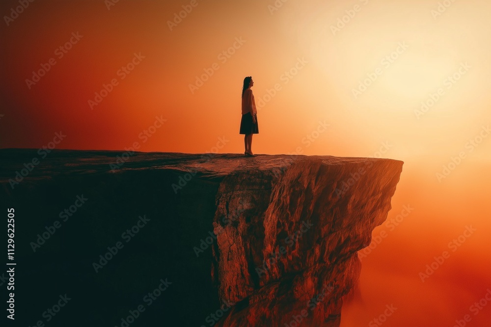 On the Edge of Existence: A lone figure stands silhouetted against a breathtaking, blood-orange sunset, perched precariously on the precipice of a dramatic cliff. On the Edge of Existence: A lone figure stands silhouetted against a breathtaking, blood-orange sunset, perched precariously on the precipice of a dramatic cliff.