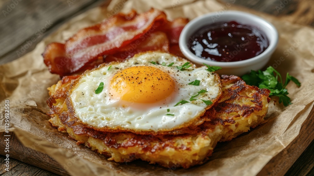 Delicious Breakfast Plate with Egg, Bacon, and Potato Cakes
