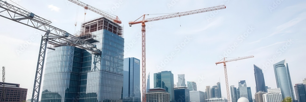 Fototapeta premium Futuristic skyscraper building under construction, steel, glass, built structure