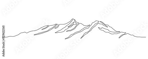 Minimal mountain line art. Continuous line drawing. One line mountain range landscape background. Rocky peaks in simple linear style. Black and white minimalist mountain illustration
