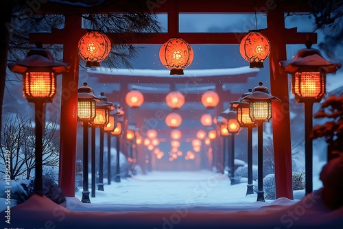 Snow-Covered Pathway with Traditional Japanese Torii Gates.