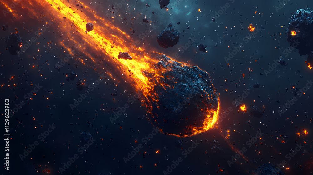 Fiery meteor entering earth's atmosphere, with a glowing trail and dark rocky surface. ideal for space-themed illustrations and dynamic cosmic scenes. Meteor. Illustration Fiery meteor entering earth's atmosphere, with a glowing trail and dark rocky surface. ideal for space-themed illustrations and dynamic cosmic scenes. Meteor. Illustration