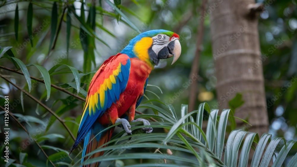 Obraz premium A colorful parrot is perched on a leafy branch. The bird is bright red, blue, and yellow, and it is looking at the camera. The scene is lively and vibrant