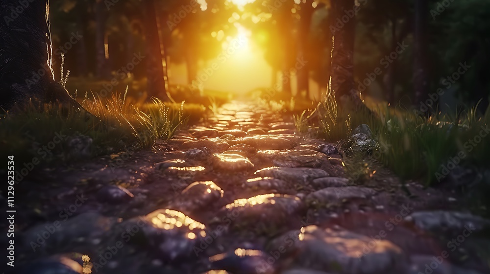 A sunset casting a soft, golden glow on a rustic stone path leading into a forest A sunset casting a soft, golden glow on a rustic stone path leading into a forest