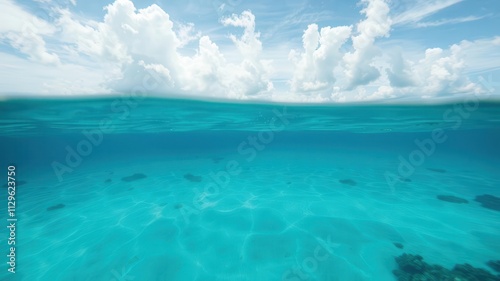 Landscape of blue sea with sunbeams filtering through the water surface, casting shadows on the sandy ocean floor and colorful coral reefs, sandy, sunbeams