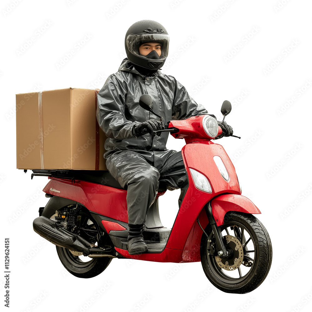 Delivery rider on red scooter transporting brown package in rainy weather Delivery rider on red scooter transporting brown package in rainy weather