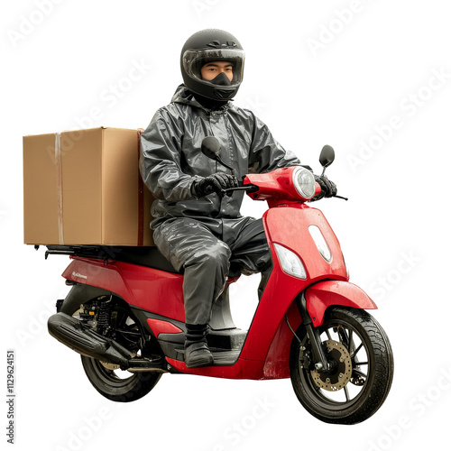 Delivery rider on red scooter transporting brown package in rainy weather