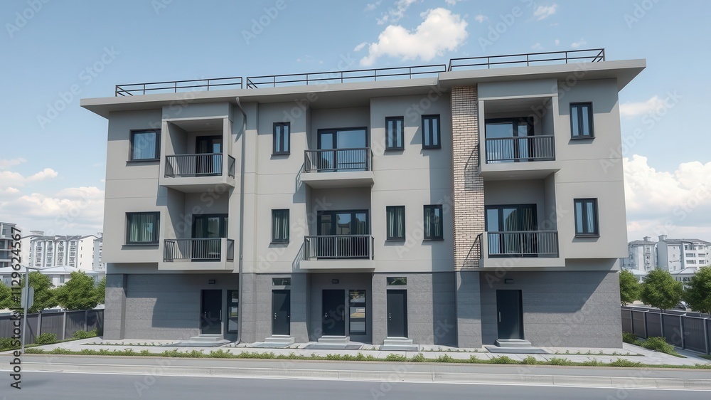 Modern apartment building with blueprints on a desk, construction industry, neighborhood Modern apartment building with blueprints on a desk, construction industry, neighborhood