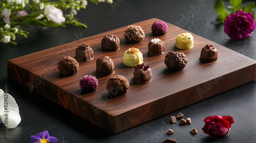 una tabla de madera elegante con trufas de chocolate con flores y plantas decorativas alrededor concepto de comida gourmet de lujo