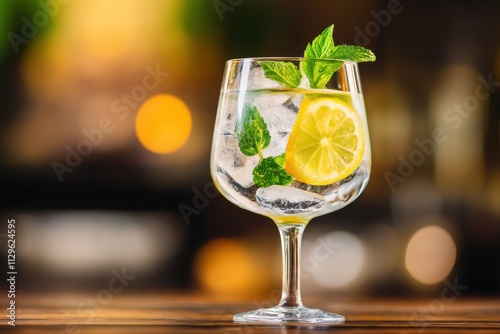 Gin and tonic on a wooden desk with a blurred backdrop photo