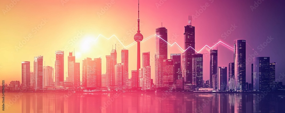 Obraz premium Dynamic city skyline with glowing upward arrows representing growth