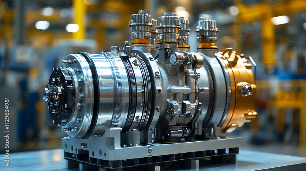 large industrial air compressor system operating in a modern manufacturing facility showcasing powerful equipment in a factory production setting bright white gold silver tone background