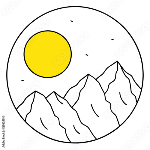 A big round yellow moon with a high mountain peak  ,White Background