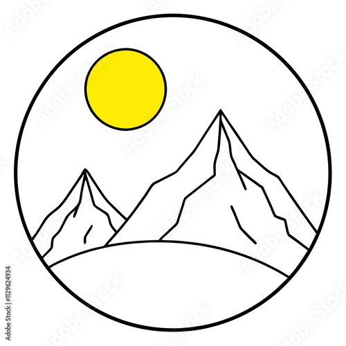 A big round yellow moon with a high mountain peak  ,White Background