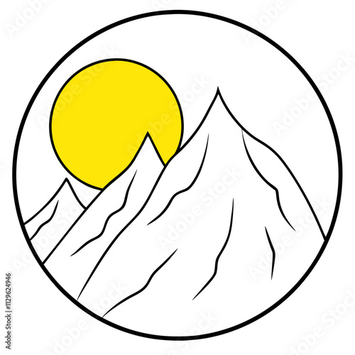 A big round yellow moon with a high mountain peak  ,White Background