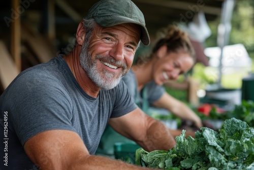 Two farmers are joyfully working together at a garden, surrounded by fresh vegetables. Their teamwork and smiles create a vibrant, positive atmosphere in nature. photo