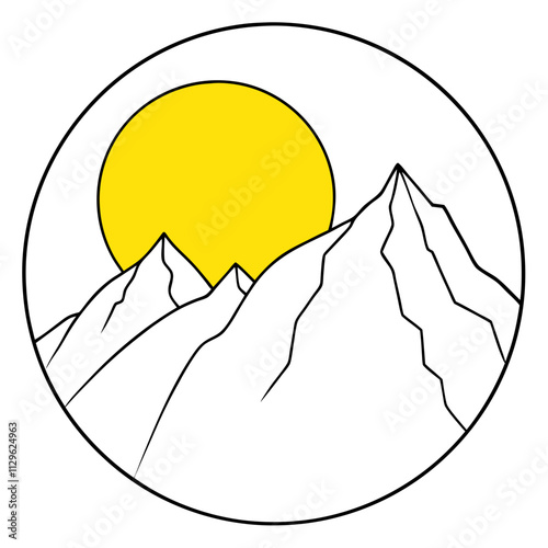 A big round yellow moon with a high mountain peak  ,White Background