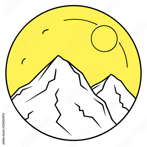 A big round yellow moon with a high mountain peak  ,White Background
