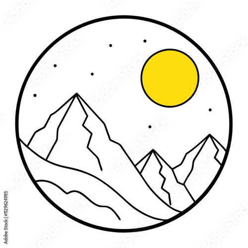 A big round yellow moon with a high mountain peak  ,White Background