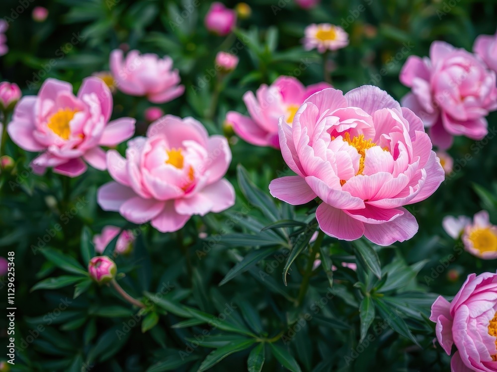 Pink peony flowers blooming in a lush garden setting, flora, spring, pink peony Pink peony flowers blooming in a lush garden setting, flora, spring, pink peony
