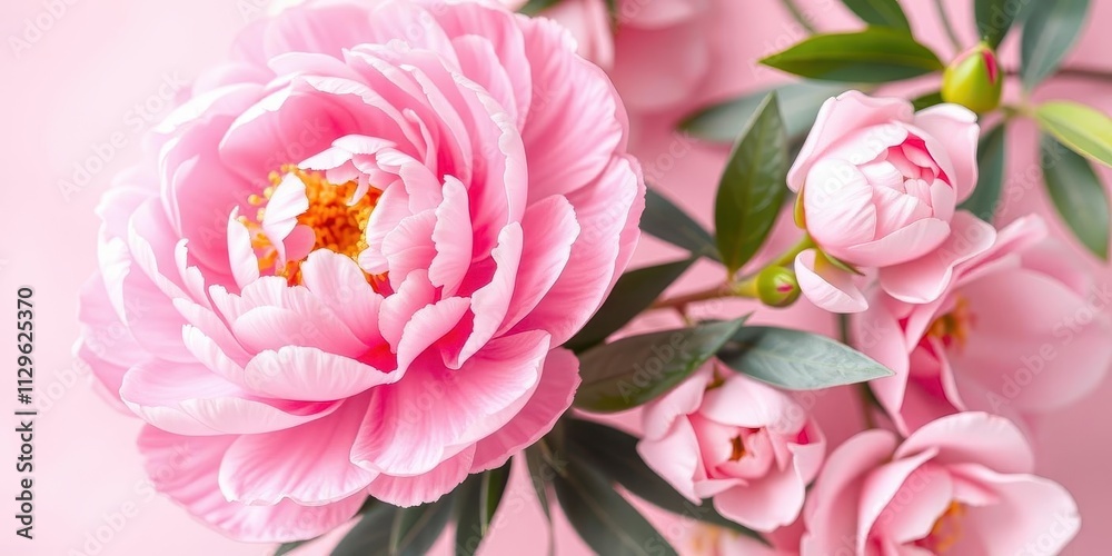 Pink peony flowers scattered across a light pink background, beauty, delicate, flora Pink peony flowers scattered across a light pink background, beauty, delicate, flora