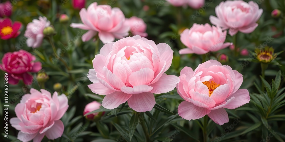 Pink peony flowers in full bloom creating a lush and elegant background, background, garden, nature Pink peony flowers in full bloom creating a lush and elegant background, background, garden, nature