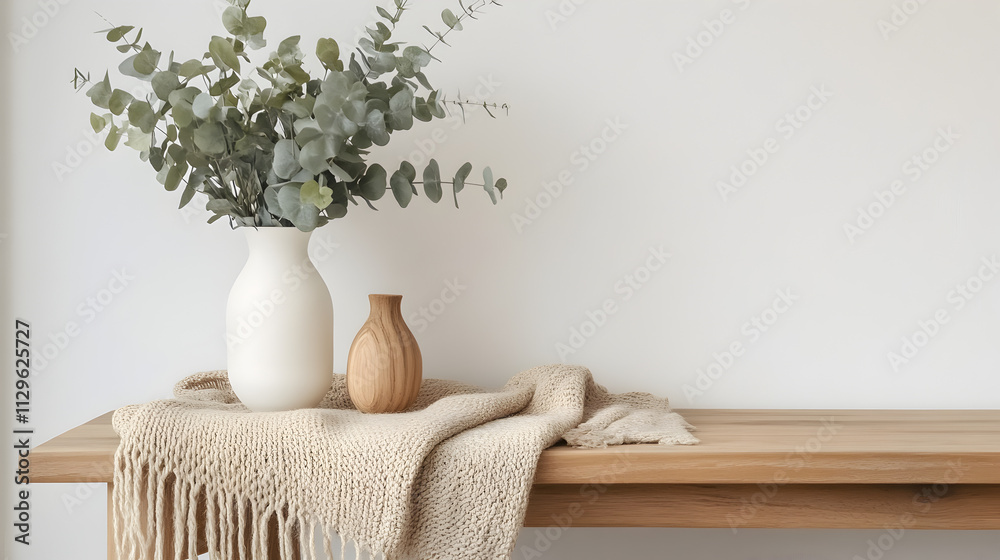 una mesa de madera con una manta elegante con un jarron blanco con hojas o plantas de eucalipto decorativas con espacio de copia estilo boho una mesa de madera con una manta elegante con un jarron blanco con hojas o plantas de eucalipto decorativas con espacio de copia estilo boho