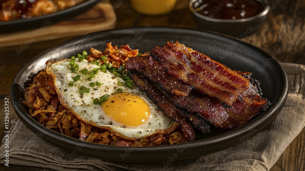 Delicious Breakfast Plate with Fried Egg, Bacon, and Hash Browns Delicious Breakfast Plate with Fried Egg, Bacon, and Hash Browns