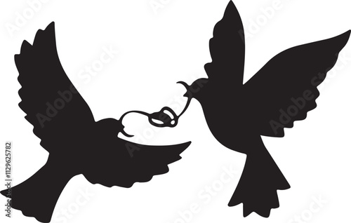 Illustration of a silhouette icon featuring doves pulling on a string together