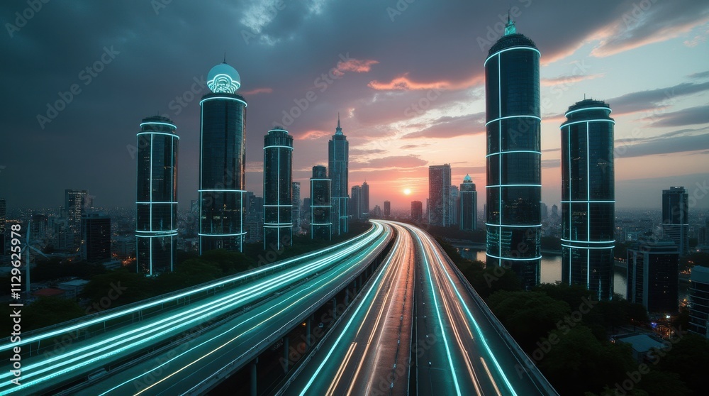 Fototapeta premium Futuristic Cityscape with Autonomous Vehicles and Glowing Skyscrapers