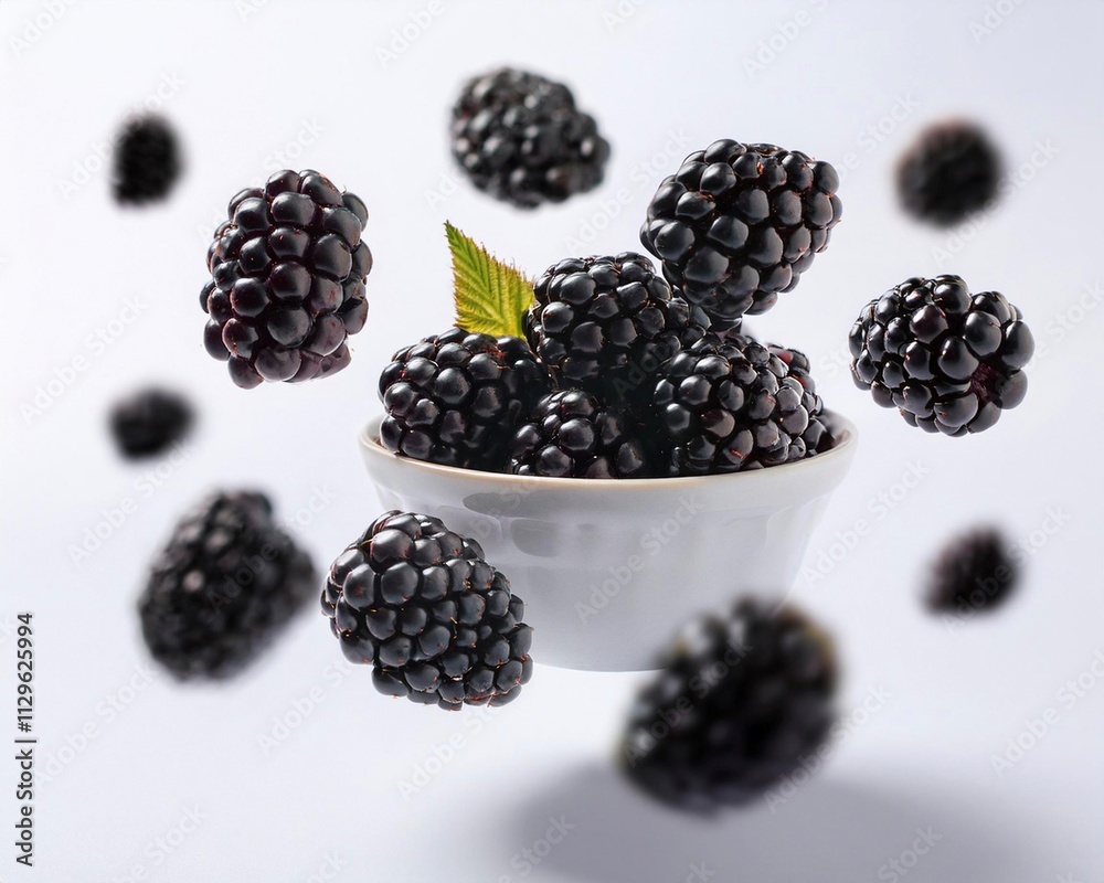 A striking image of blackberries floating effortlessly on a clean white background, capturing their vivid tones and natural textures. Ideal for healthy food and fresh produce themes. A striking image of blackberries floating effortlessly on a clean white background, capturing their vivid tones and natural textures. Ideal for healthy food and fresh produce themes.