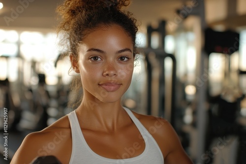 A focused young woman stands poised in the gym, lifting weights confidently, representing strength, determination, and a commitment to fitness. photo