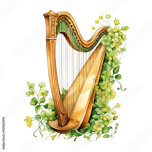 Golden celtic harp celebrating saint patricks day with yellow flowers