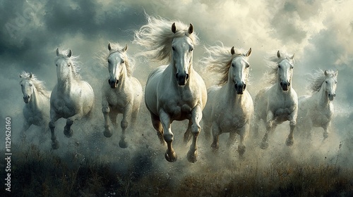 Majestic herd of white horses galloping across a misty field under a dramatic sky.