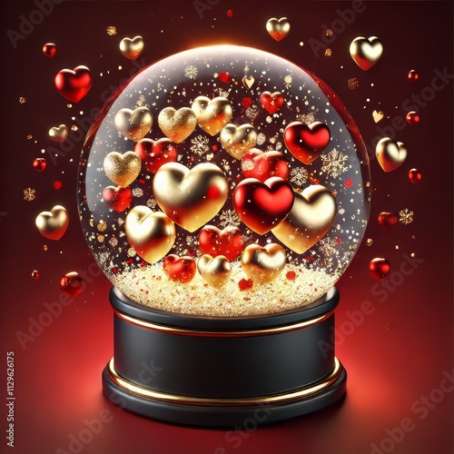 Luxurious Snow Globe with Gold and Red Hearts Sparkling Inside, saint valentine day concept
 photo