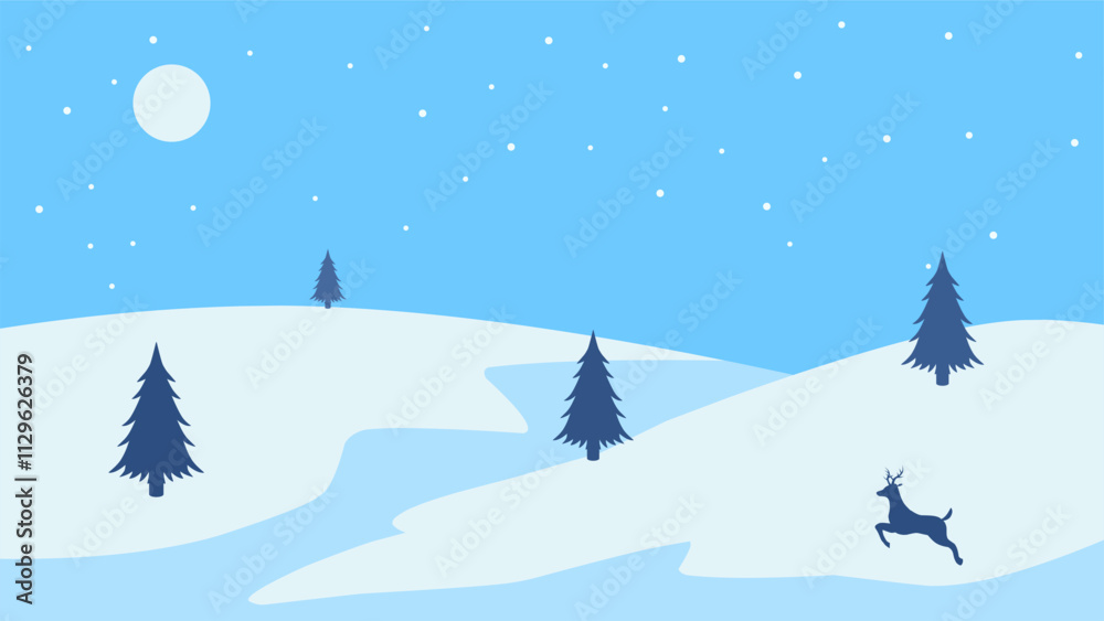 Landscape illustration of winter hill with pine trees and a deer Landscape illustration of winter hill with pine trees and a deer