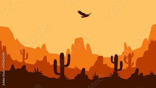 Landscape illustration of wild west desert with cacti and butte