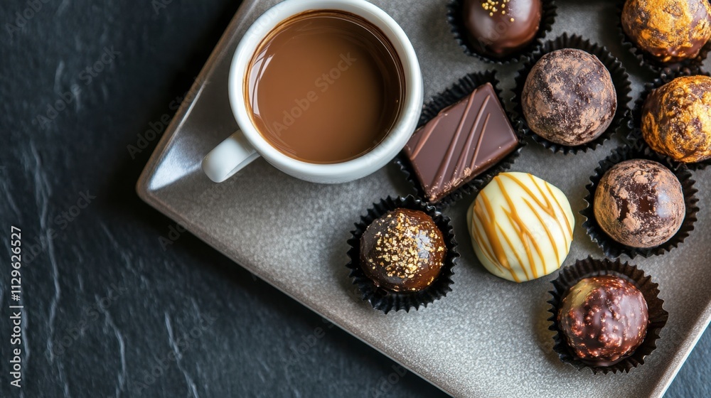 Gourmet Chocolate Truffles on Plate with Cup of Hot Beverage Gourmet Chocolate Truffles on Plate with Cup of Hot Beverage
