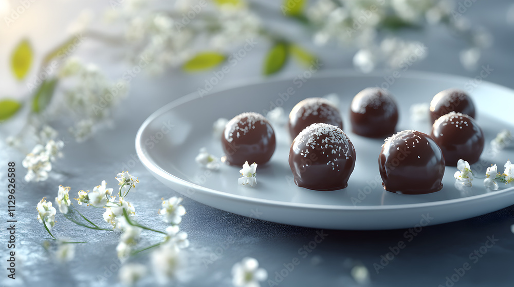 un fondo de una mesa con un plato con chocolates o trufas de chocolate con flores decorativas con espacio de copia aperitivos y postres apetitosos gourmet un fondo de una mesa con un plato con chocolates o trufas de chocolate con flores decorativas con espacio de copia aperitivos y postres apetitosos gourmet