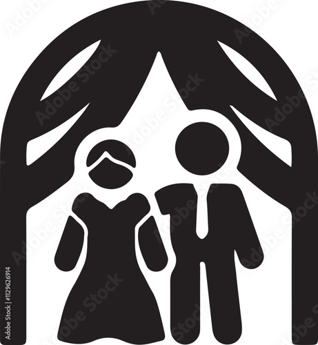 Illustration of a silhouette icon featuring a stickman getting married with decorations