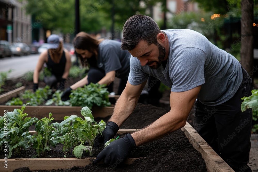 A focused man is diligently tending to garden beds in an urban community, spotlighting the commitment and effort put into creating a sustainable and verdant local environment.
