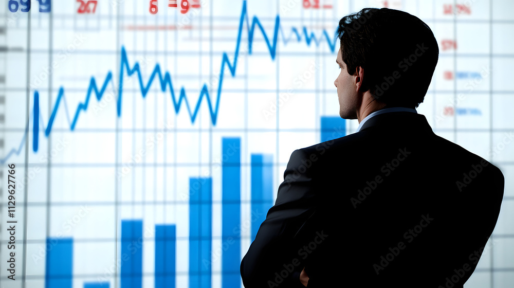 A businessman stands with his back to the camera, contemplating a large graph showing both upward and downward trends. The image evokes reflection and strategic decision-making in finance. A businessman stands with his back to the camera, contemplating a large graph showing both upward and downward trends. The image evokes reflection and strategic decision-making in finance.