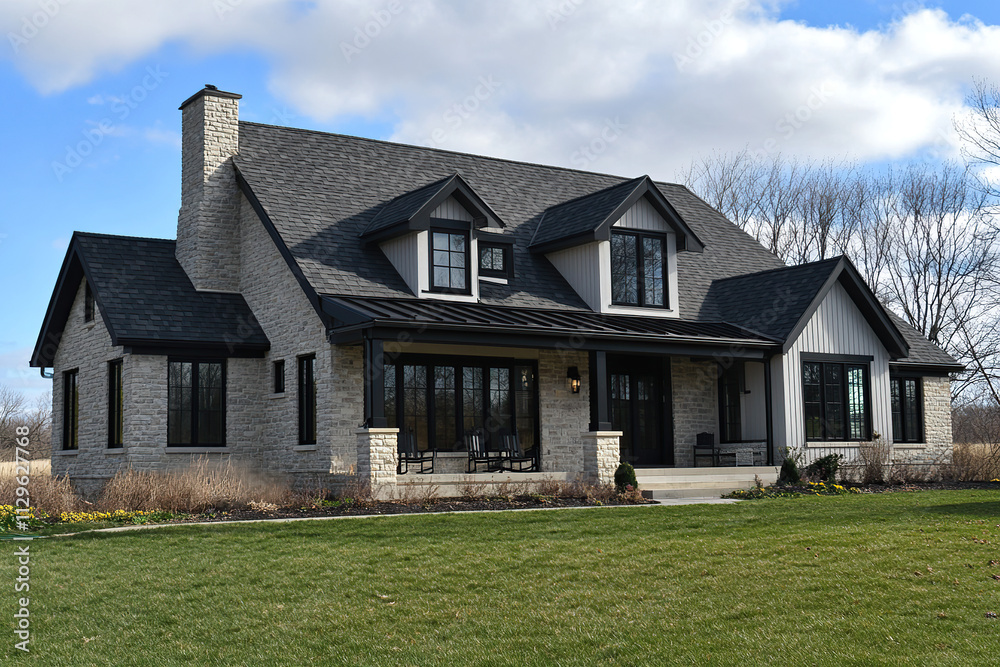 A beautiful, modern farmhouse with black trim and dark windows on the front, sitting in an open field. The house has a grey stone exterior with a black shingle roof. There is green grass around it. A beautiful, modern farmhouse with black trim and dark windows on the front, sitting in an open field. The house has a grey stone exterior with a black shingle roof. There is green grass around it.